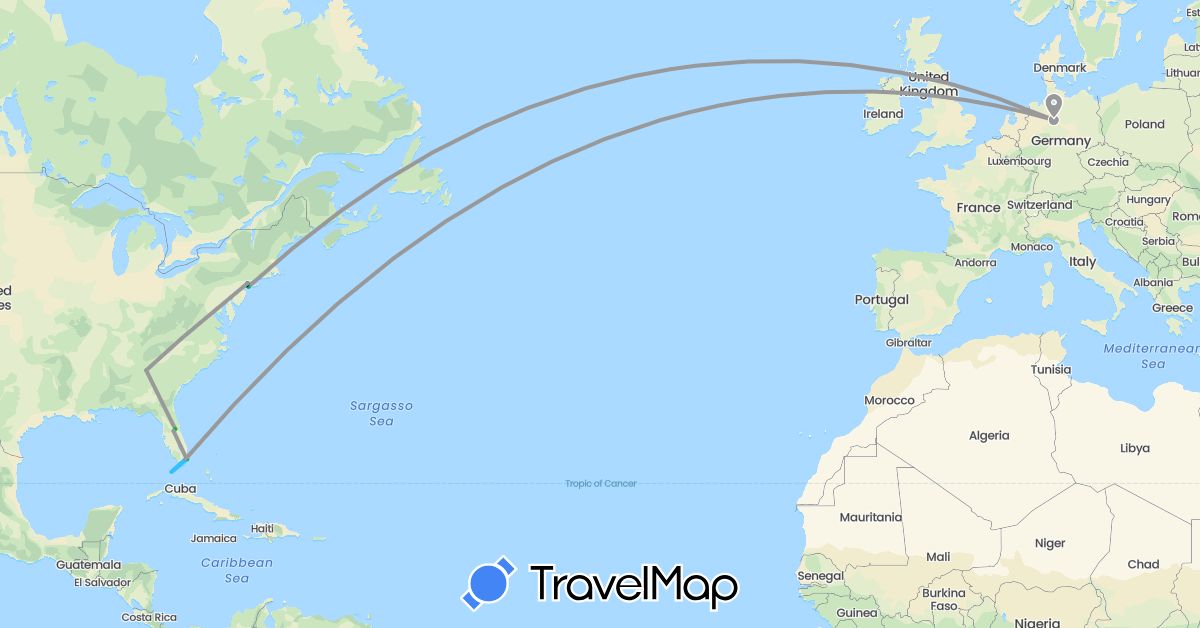 TravelMap itinerary: driving, bus, plane, hiking, boat in Germany, United States (Europe, North America)